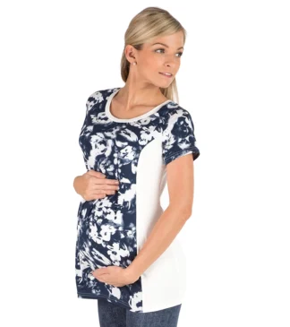 Bluzka Ciążowa Ecru z Granatowym Nadrukiem Kwiatowym