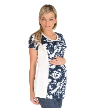 Bluzka Ciążowa Ecru z Granatowym Nadrukiem Kwiatowym