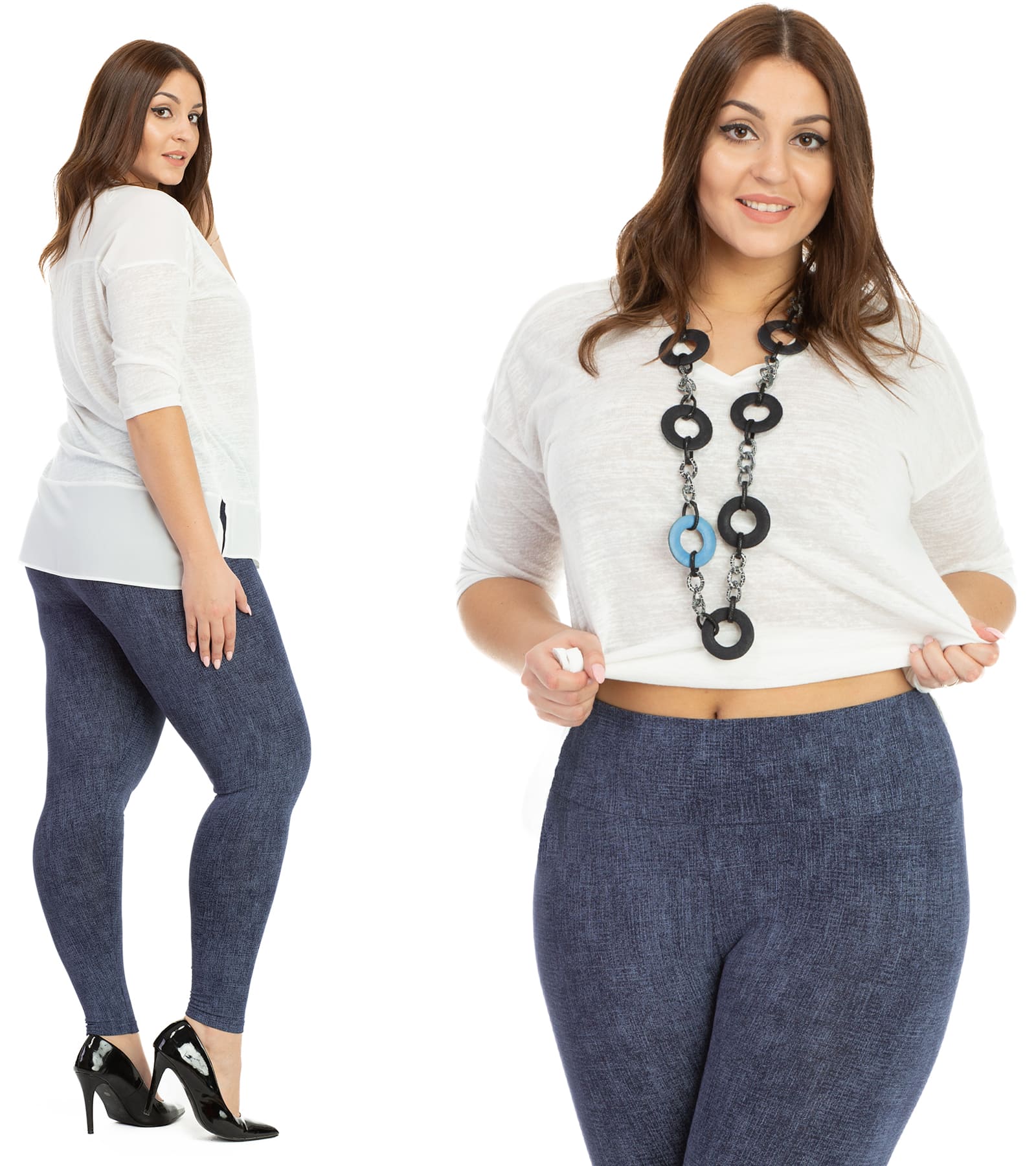 Legginsy damskie plus size nadruk imitujący jeans Model Roksana Bensini