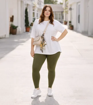 Legginsy Damskie Plus Size z gumą w pasie – oliwkowe