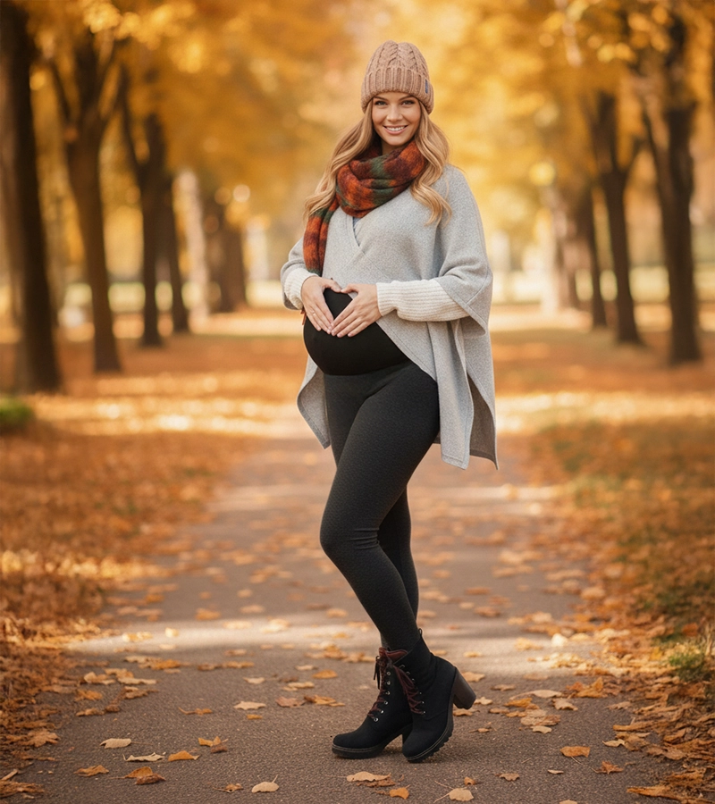 Ocieplane legginsy ciążowe Bensini® grafitowe z czarnym panelem