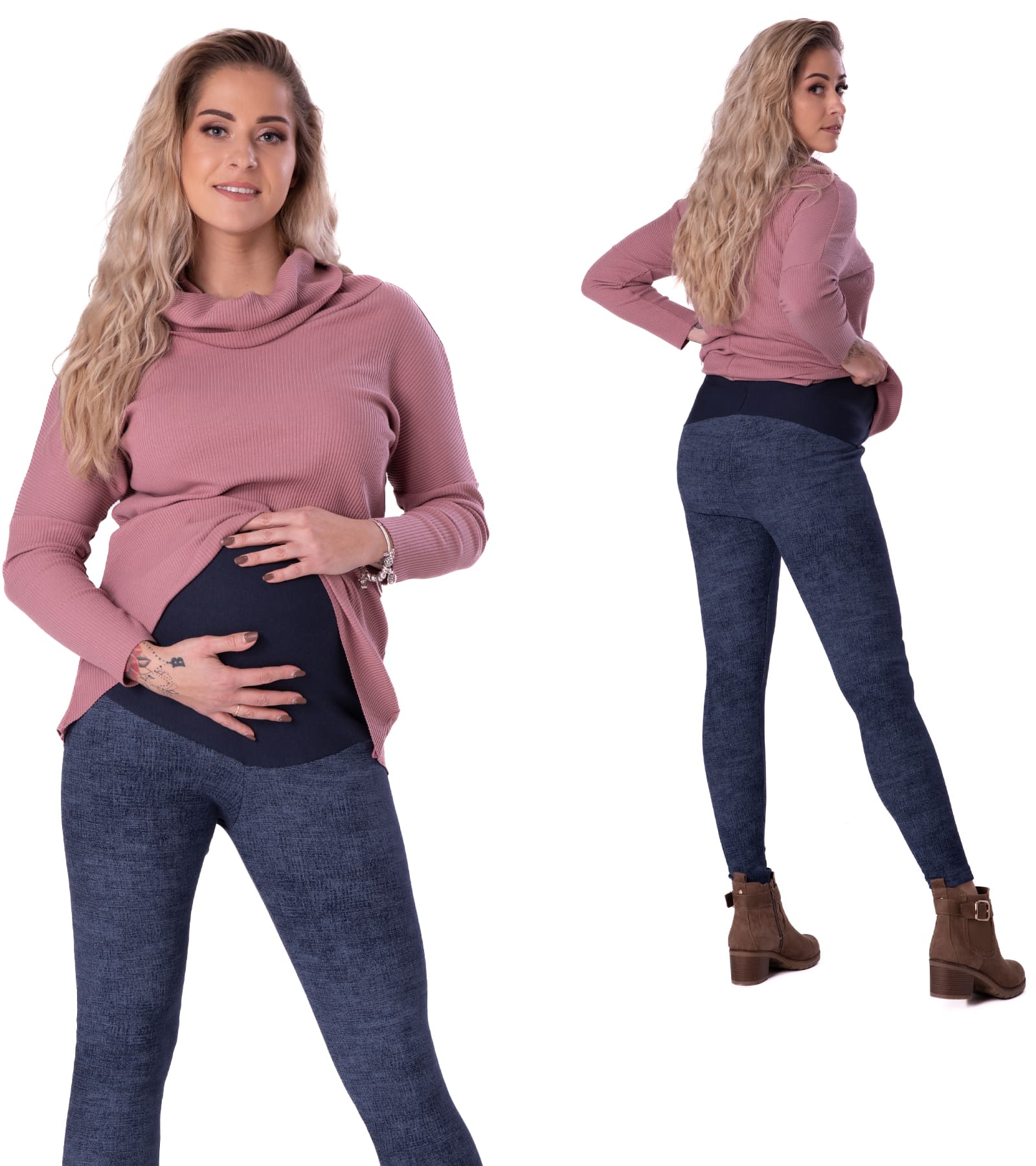 Ocieplane legginsy ciążowe w nadruk imitujący jeans Bensini