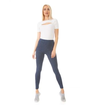 Legginsy damskie Roma nadruk imitujący len w granatowej tonacji