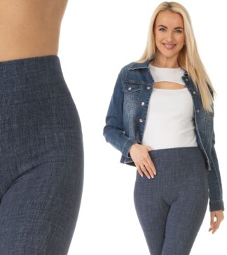 Legginsy damskie Roma nadruk imitujący len w granatowej tonacji