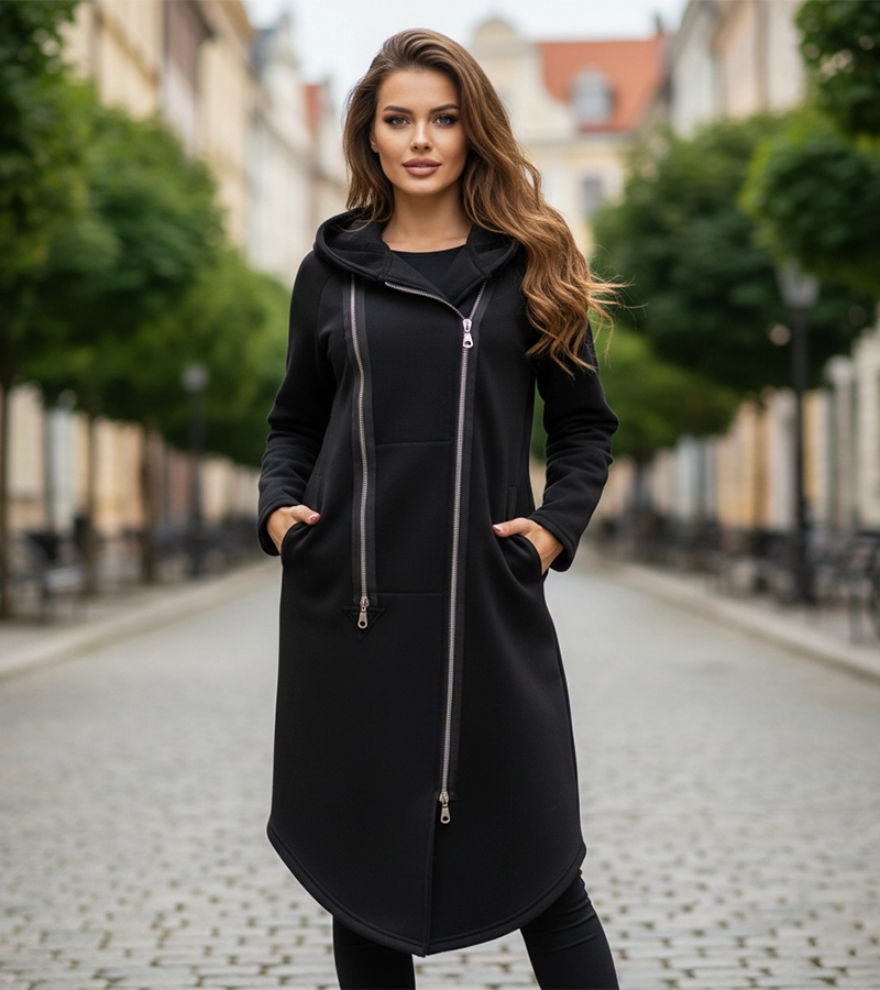 Płaszcz damski z kapturem - kieszenie, ekspresy, kieszeń na telefon - dresówka z miśkiem Bensini®