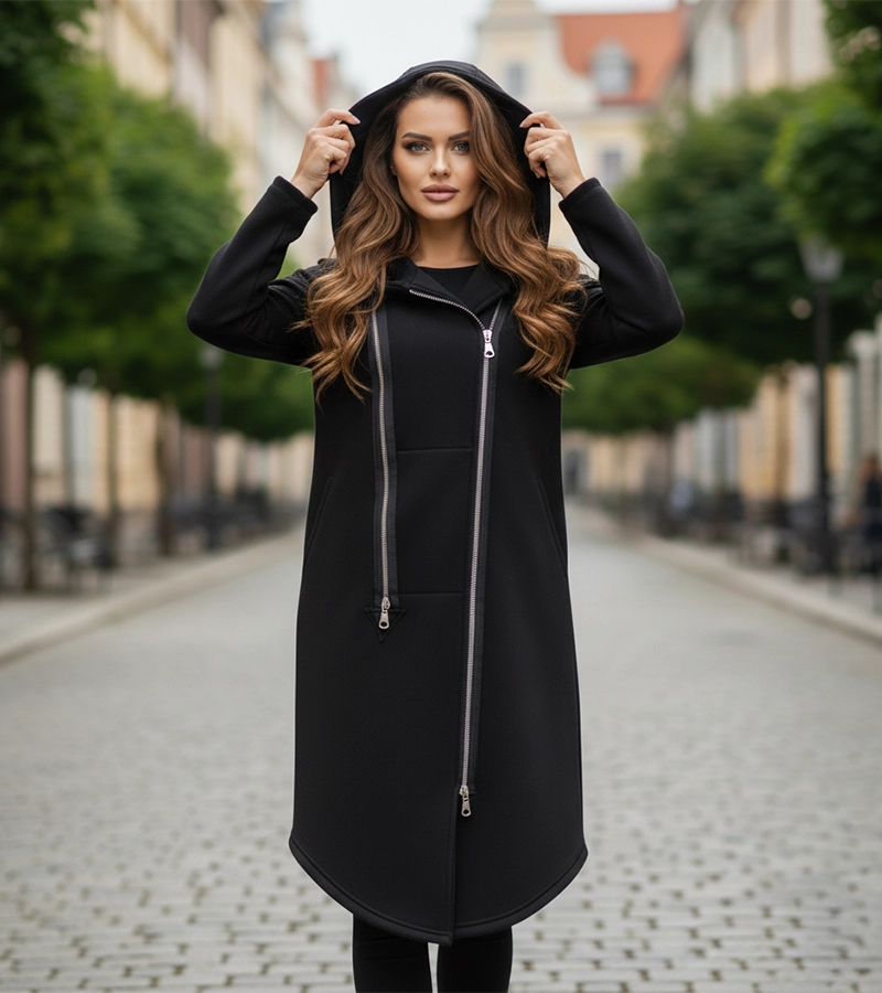 Płaszcz damski z kapturem - kieszenie, ekspresy, kieszeń na telefon - dresówka z miśkiem Bensini®