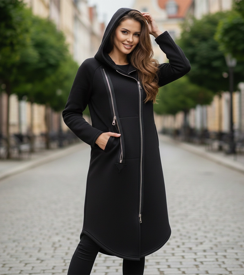 Płaszcz damski z kapturem - kieszenie, ekspresy, kieszeń na telefon - dresówka z miśkiem Bensini®