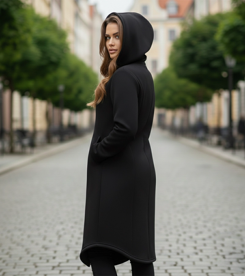 Płaszcz damski z kapturem - kieszenie, ekspresy, kieszeń na telefon - dresówka z miśkiem Bensini®