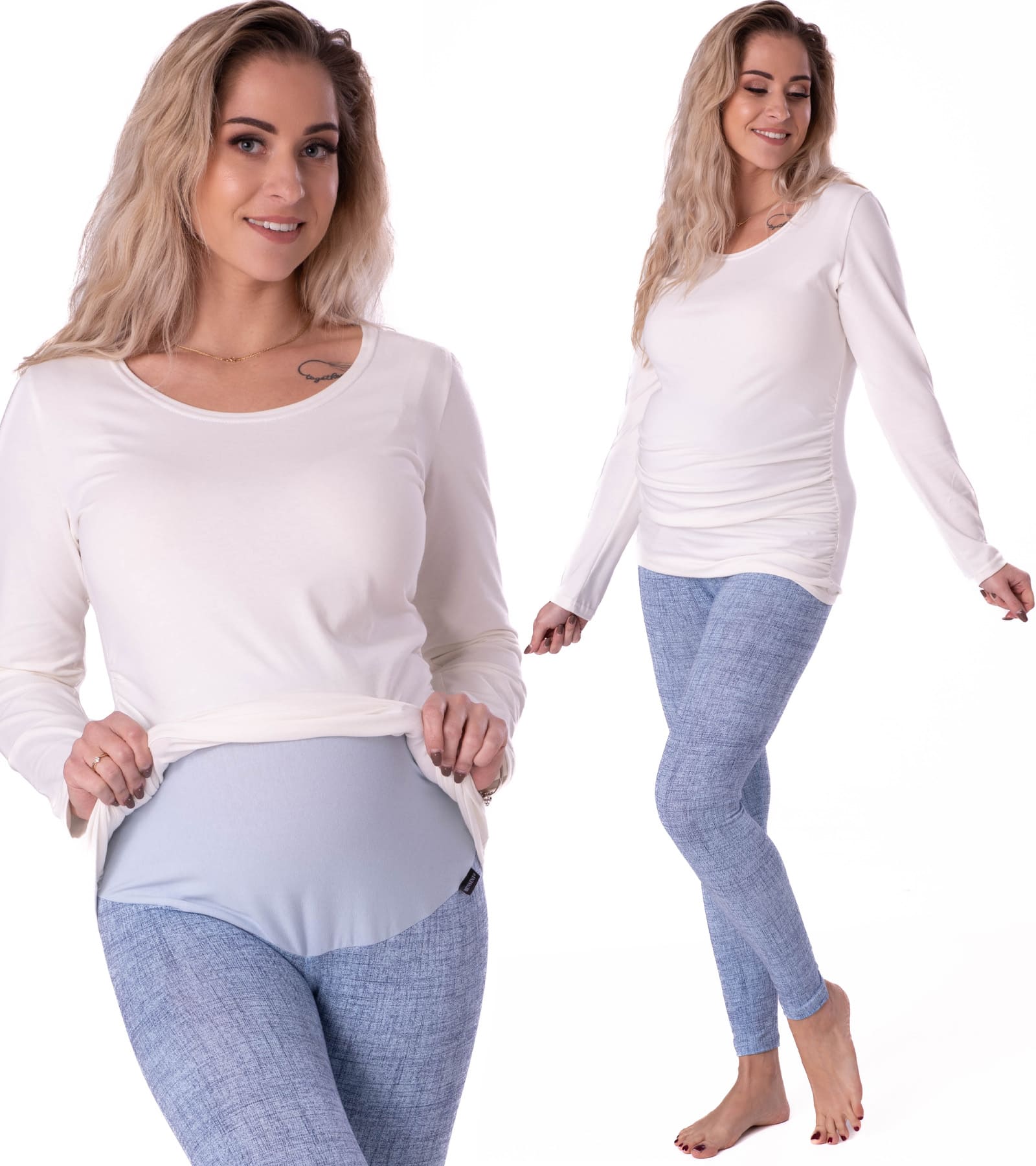 BENSINI Wygodne legginsy ciążowe w nadruk imitujący jasny jeans Amber