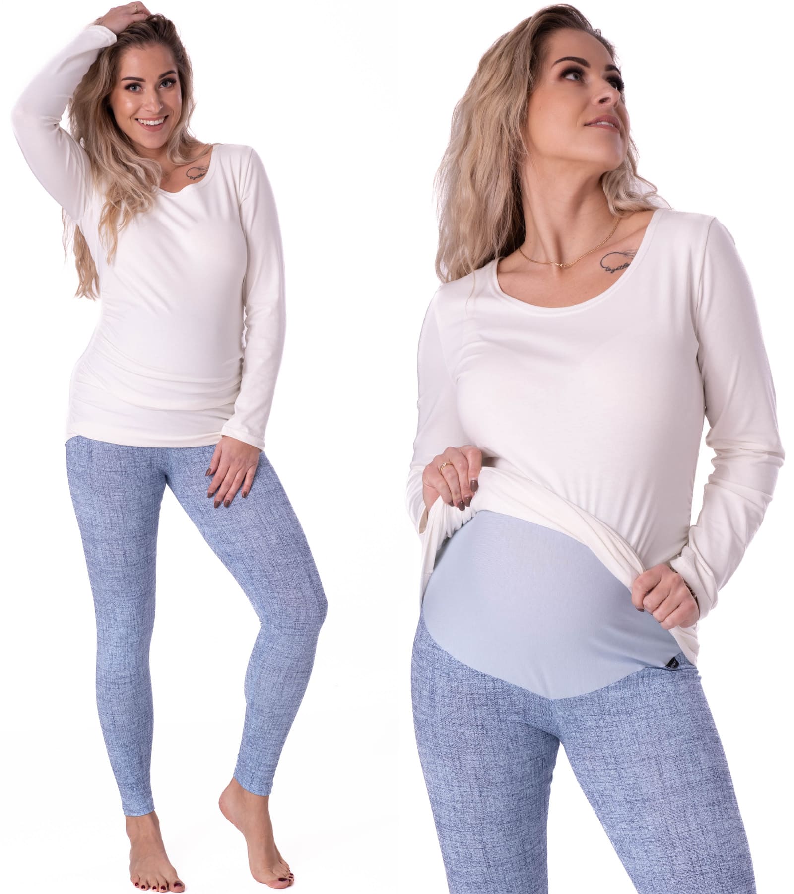 BENSINI Wygodne legginsy ciążowe w nadruk imitujący jasny jeans Amber