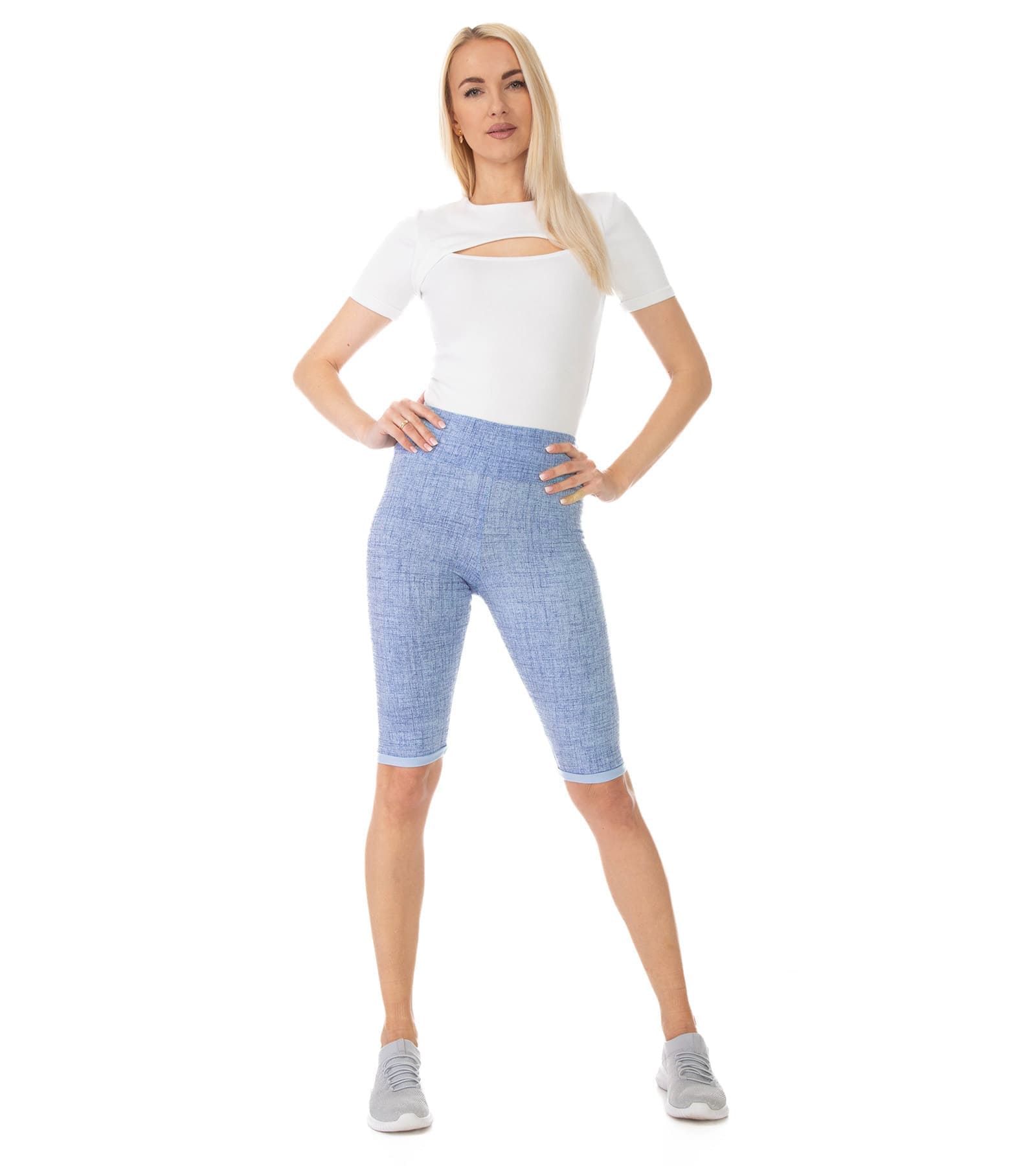 Krótkie legginsy damskie jasno niebieskie w nadruk imitujący jeans Amber Bensini