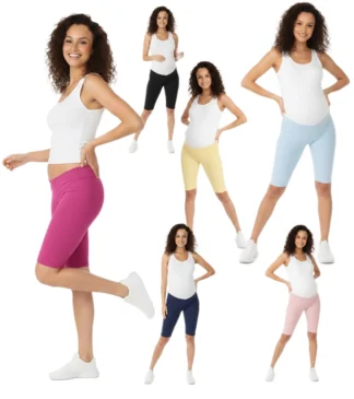 Krótkie legginsy damskie - ciążowe przed kolano ze skośnym pasem pod brzuch w kolorze amarant, turkus, czarny, granat, pudrowy róż, niebieski, żółty, camel, petrol Bensini®