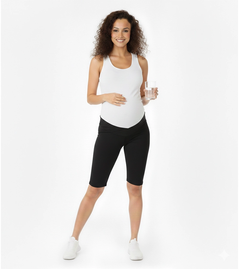 Krótkie legginsy damskie - ciążowe przed kolano ze skośnym pasem pod brzuch w kolorze czarnym Bensini®