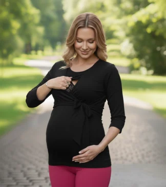 Bluzka ciążowa i do karmienia Rosalia wiązana pod biustem - czarna Bensini®
