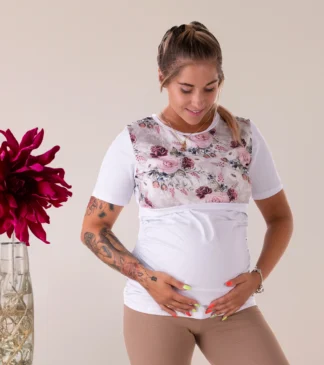 Bluzka ciążowa i do karmienia Mavi z kwiecistym karczkiem. Krótkie legginsy ciążowe w kolorze sangria Bensini