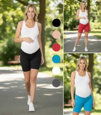 Krótkie legginsy damskie - ciążowe przed kolano ze skośnym pasem pod brzuch w kolorze brzoskwinia, czerwony, czarny, biały, turkus, grafit melanż Bensini®