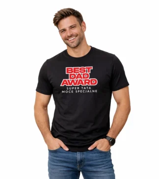 Czarny T-shirt męski Best Dad Award – Super Tata Moce Specjalne