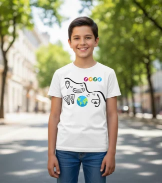 Biały t-shirt - koszulka chłopięca podróżnicza z kolekcji World Travel 2026 Bensini®
