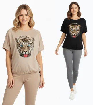 Beżowa i czarna bluza damska z nadrukiem pantery Bensini®