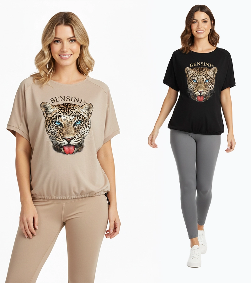 Beżowa i czarna bluza damska z nadrukiem pantery Bensini®