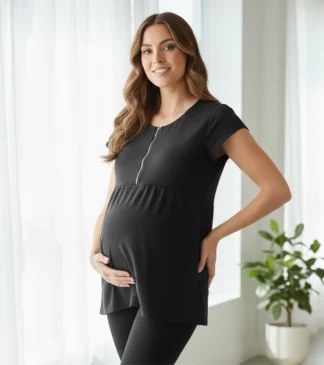 Czarna bluzka ciążowa i do karmienia z srebrnym suwakiem Bensini®