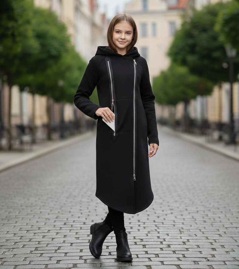 Czarny płaszcz dziewczęcy z kapturem i ekspresami POLA Kids 320