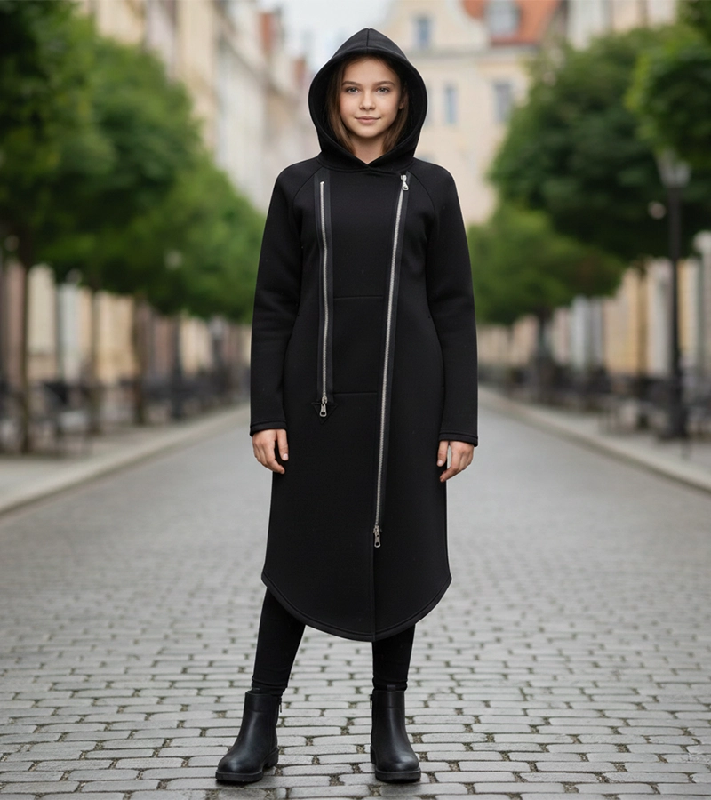 Czarny płaszcz dziewczęcy z kapturem i ekspresami POLA Kids 320