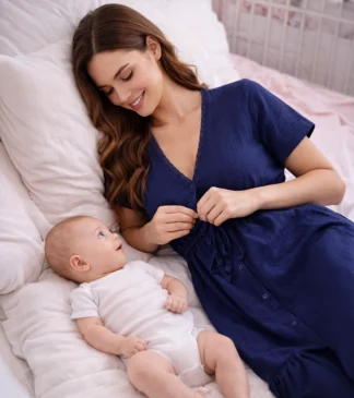 Koszula nocna do karmienia z muślinu – granatowa kobiecy fason