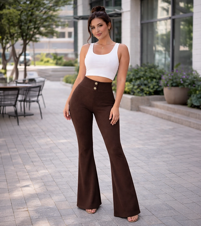 Brązowe legginsy prążkowane – flare z szeroką nogawką