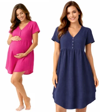 Muślinowa koszula nocna ciążowa i do karmienia Verona - fuksja, granat 100% bawełna