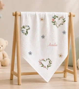 Kocyk muślinowy dla niemowląt 120×120 cm Kwiatowe Serduszka z imieniem
