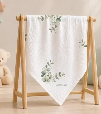 Kocyk muślinowy dla niemowląt 120×120 cm z nadrukiem Zielony Szept