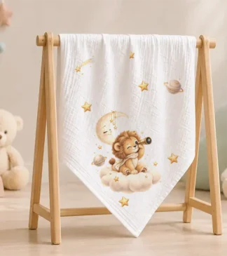Kocyk muślinowy dla niemowląt 120×120 cm z nadrukiem Gwiazdołapek