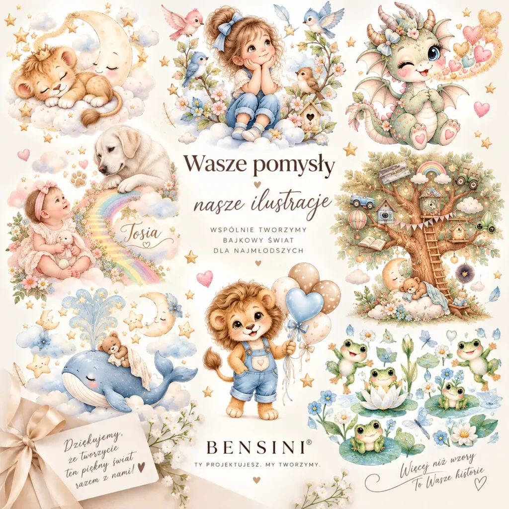 Pomysły uczestników konkursu BENSINI zamienione w ilustracje na kocyki i pieluszki dla maluszków